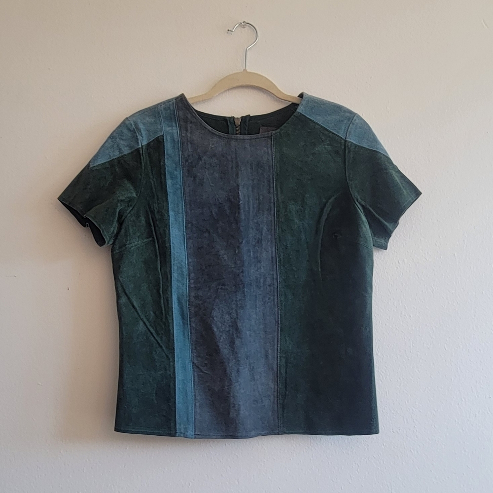 blue, teal, and green leather PJK top